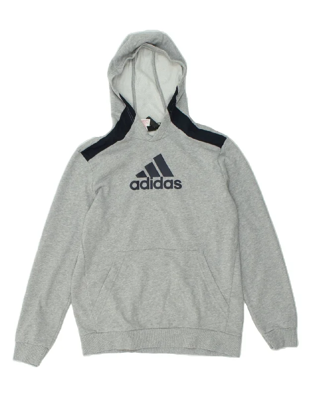 ADIDAS Boys Graphic Hoodie Jumper 15-16 Years Grey Colourblock Cotton