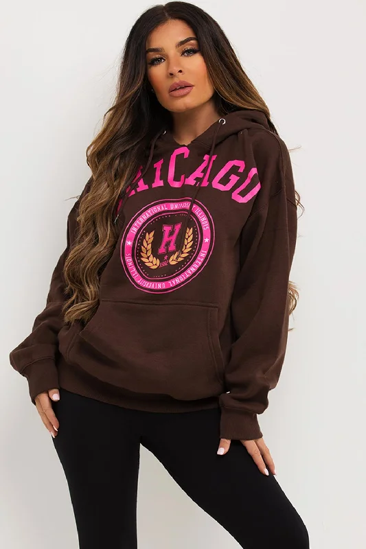 Brown Oversized Hoodie With Chicago Print