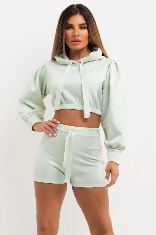 Crop Hoodie And Shorts Co Ord Set Mint Green