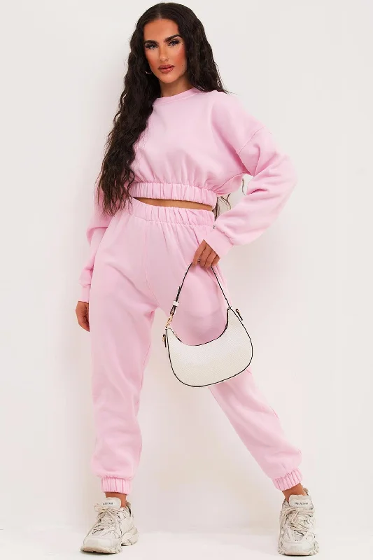 Crop Sweatshirt And Joggers Tracksuit Pink