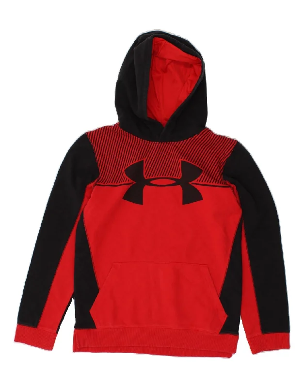 UNDER ARMOUR Boys Graphic Hoodie Jumper 11-12 Years Large Red Colourblock