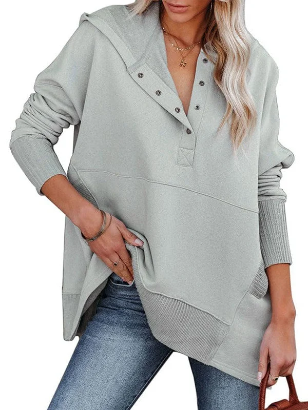 Loose Fit V-Neck Hooded Batwing Sweatshirt With Patchwork Buttons