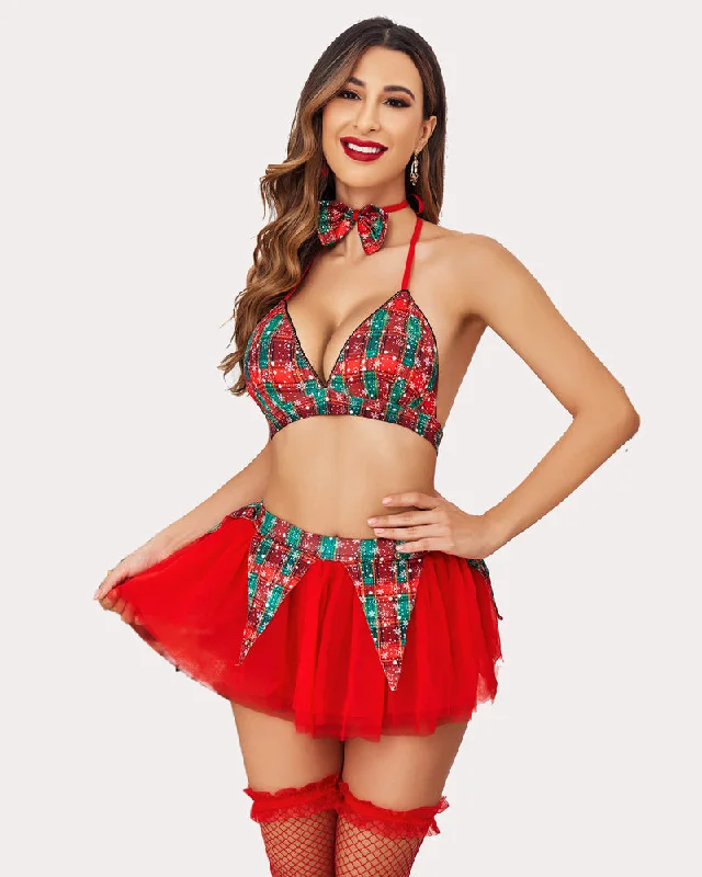 Plaid Bra and Skirt with Bow Tie silk skirt elegant