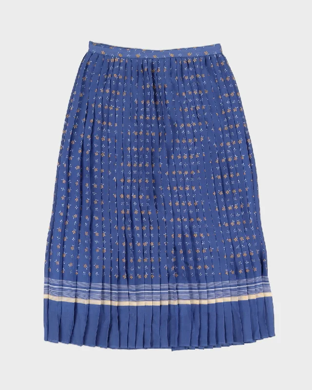 Blue Floral Patterned Pleated Midi Skirt - S satin skirt smooth