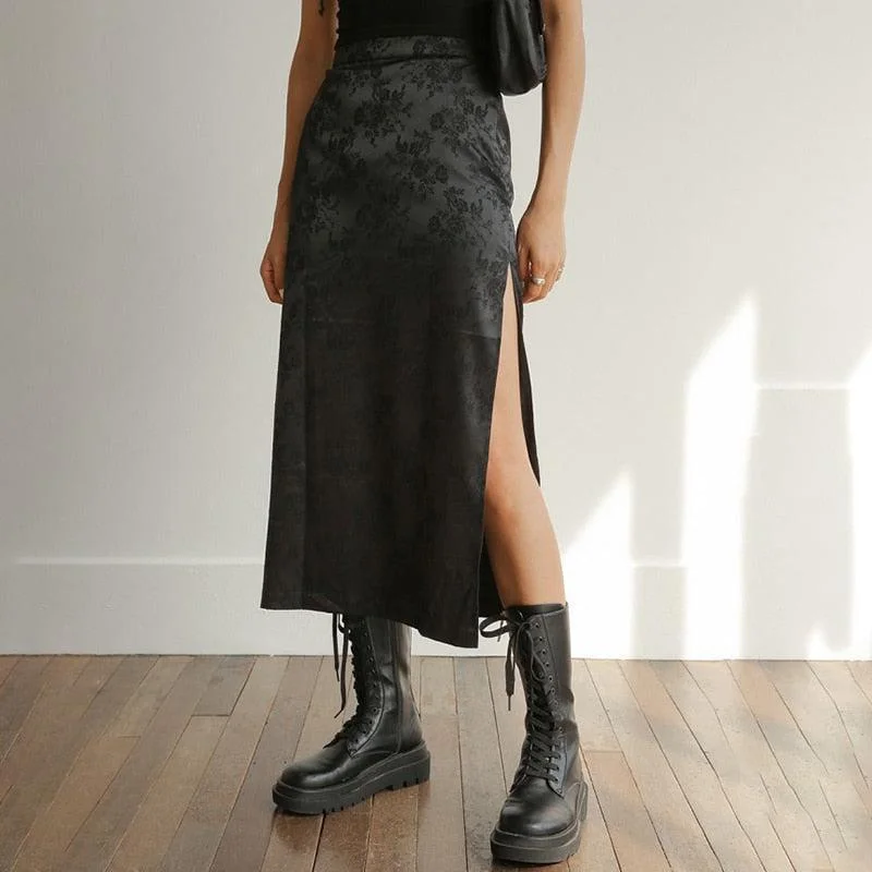 Dark Floral Side Slit Midi Skirt relaxed fit skirt