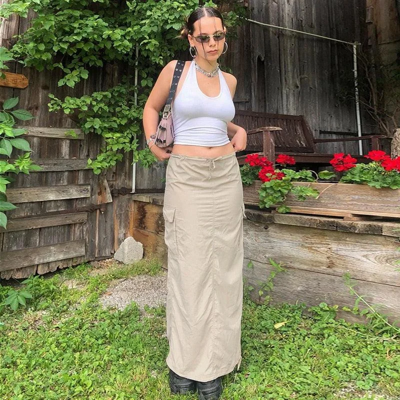 Drawstring Parachute Maxi Skirt ribbed skirt waist