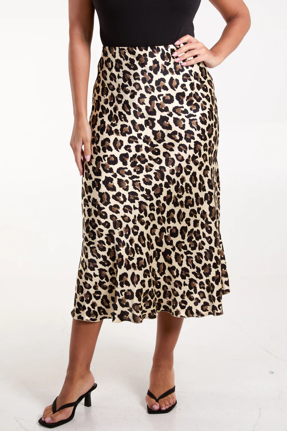 Leopard Print Satin Midi Skirt ruffled skirt detail
