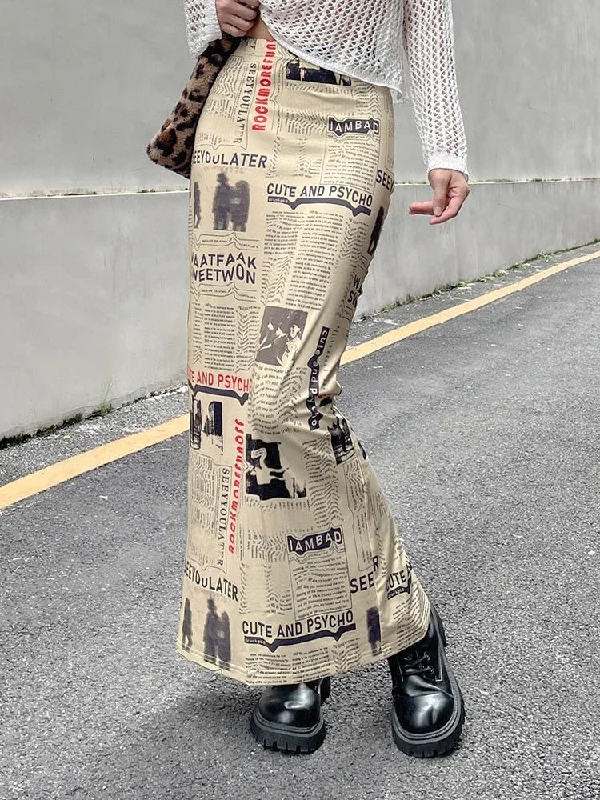 Newspaper Printed Maxi Skirt casual skirt length