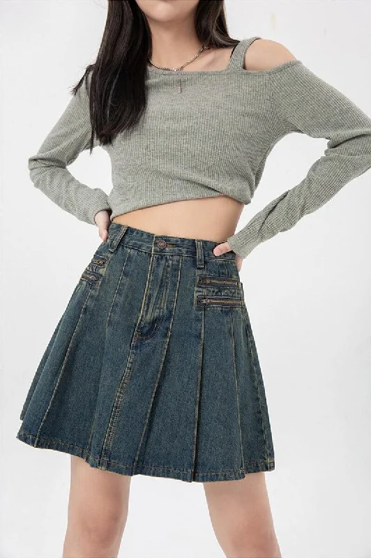 Pleated Denim Mini Skirt leather skirt sleek