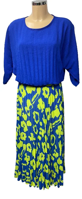 Pleated Midi Length Cobalt Blue And Lime Green Bold Print Skirt elastic waist skirt