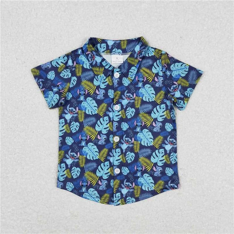 RTS  BT0608 GSD0863 Cartoon Stitch leaves blue button short-sleeved top skirt matching corduroy skirt cozy