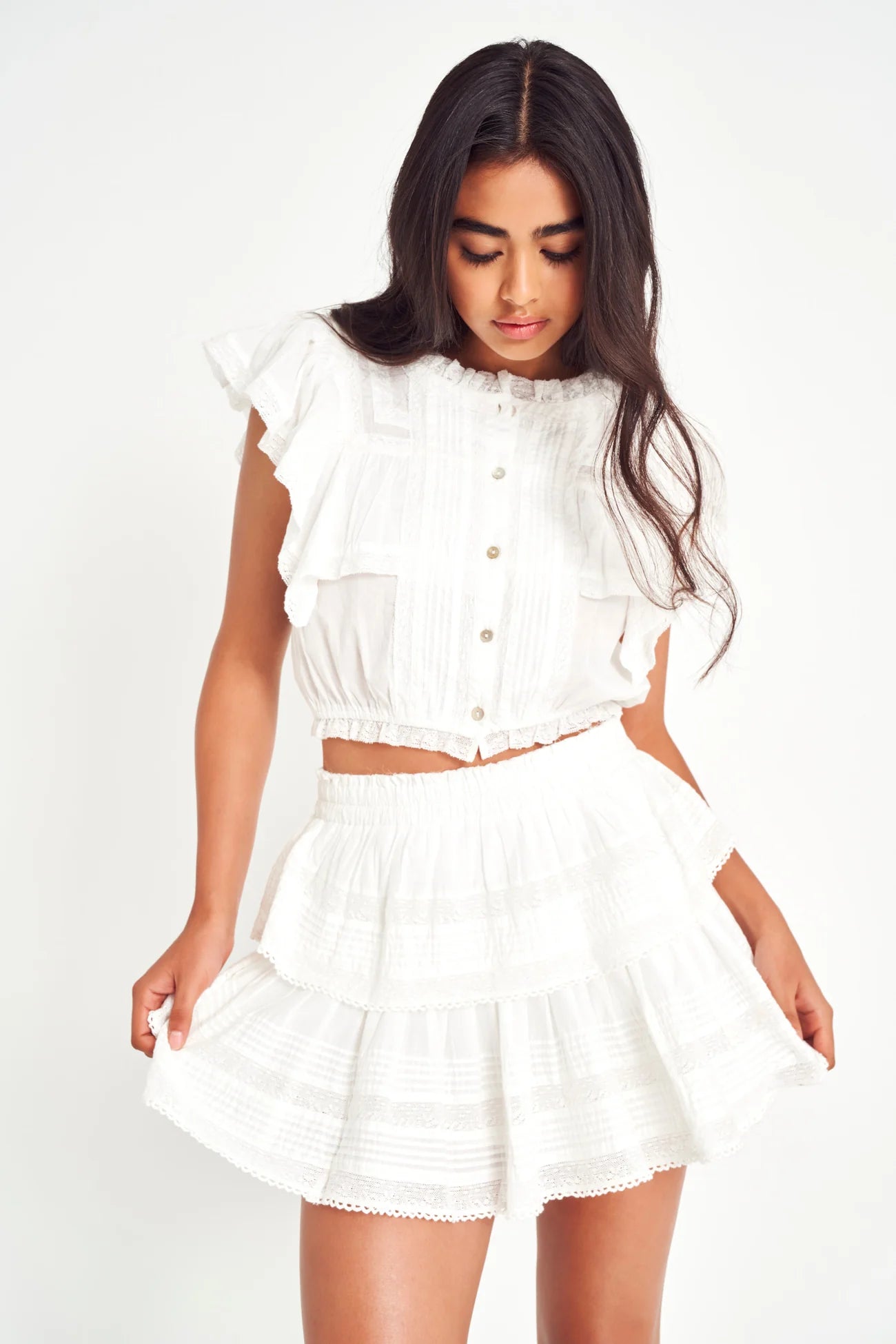 Ruffle Mini Skirt Antique White velvet skirt rich