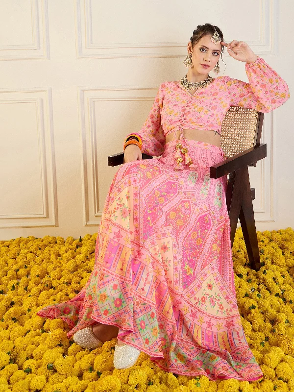 Women Pink Floral Anarkali Skirt With Ruching Crop Top silk skirt lustrous