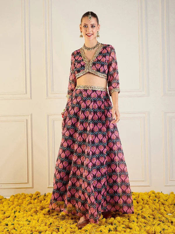Women Brown Floral Anarkali Skirt With Crop Top denim skirt trendy