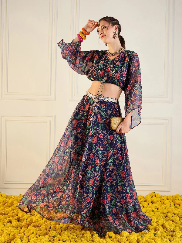 Women Navy Floral Anarkali Skirt With Front Dori Crop Top linen skirt light