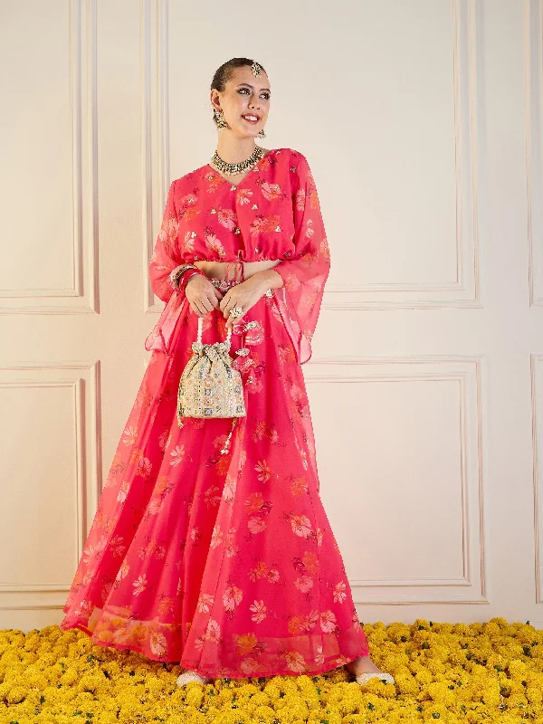 Women Fuchsia Floral Anarkali Skirt With Front Dori Crop Top lace skirt romantic