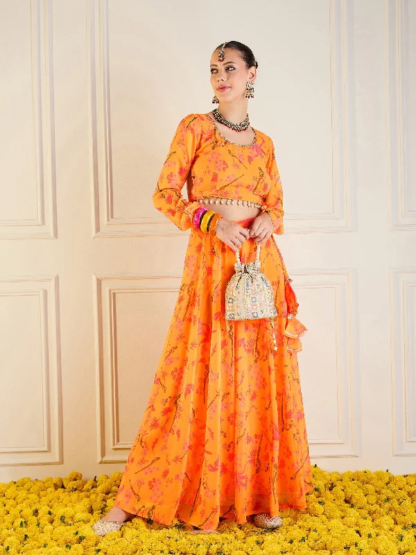 Women Mustard Printed Anarkali Skirt With Crop Top corduroy skirt durable