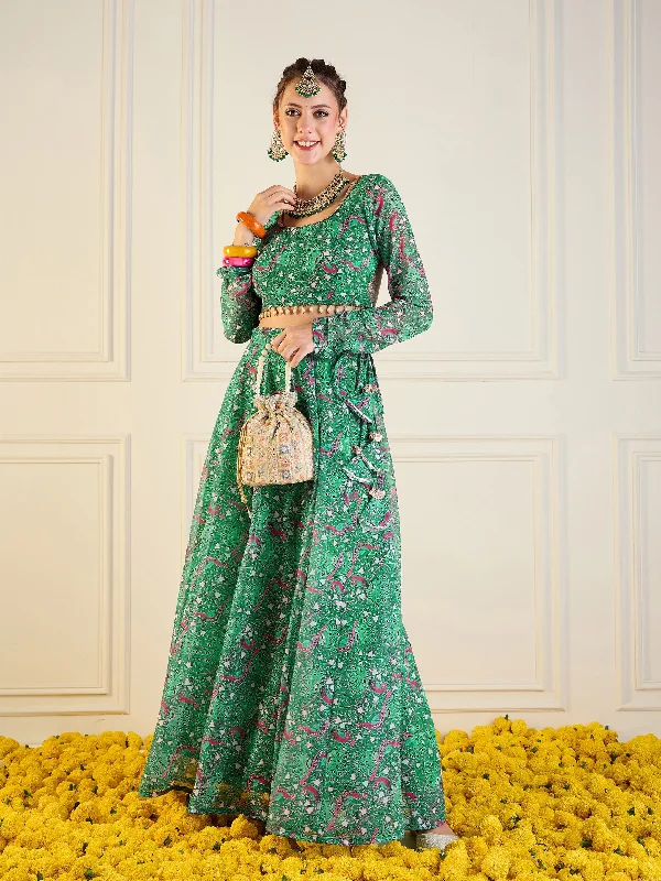 Women Green Printed Anarkali Skirt With Crop Top velvet skirt sumptuous