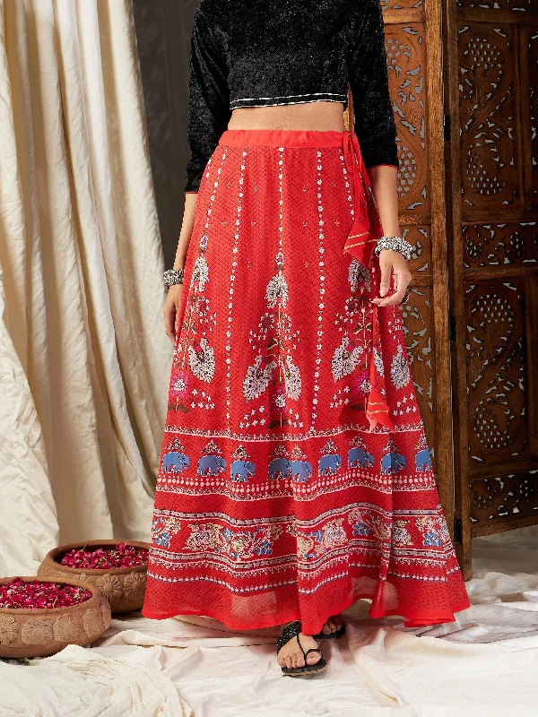 Women Red Floral Bias Flared Skirt chiffon skirt airy