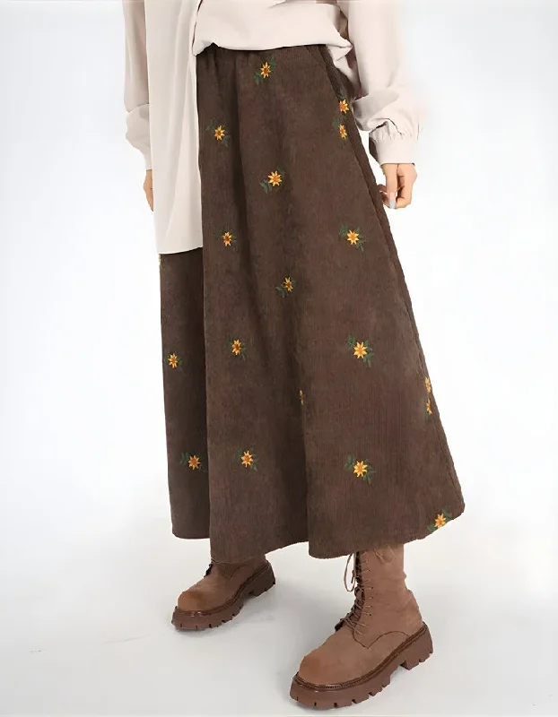 Sunflower Embroidered Corduroy Maxi Skirt lace skirt romantic