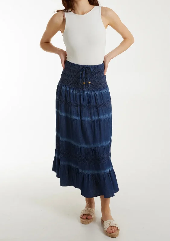 Tiered Dark Denim Maxi Skirt With Shirred Waist button skirt front