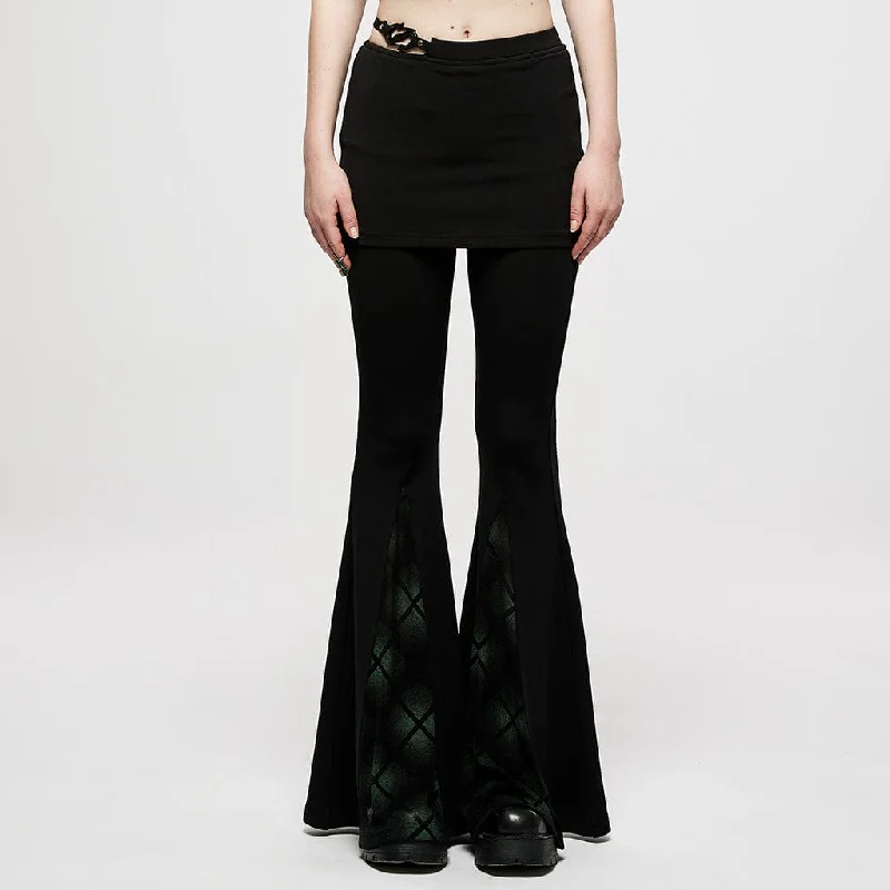 Women's Punk Green Plaid Bell-bottoms with Skirt spandex blend skirt