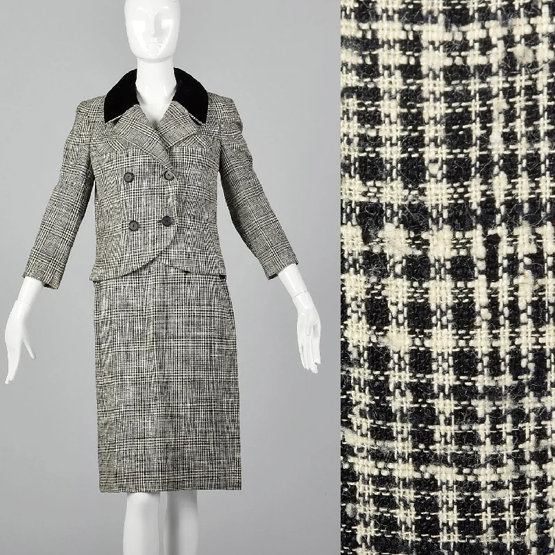1960s Black Plaid Two Piece Skirt Suit with Velvet Collar chiffon skirt flowing