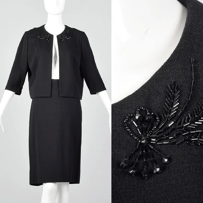 1960s Black Two Piece Knit Skirt Set wrap skirt elegant