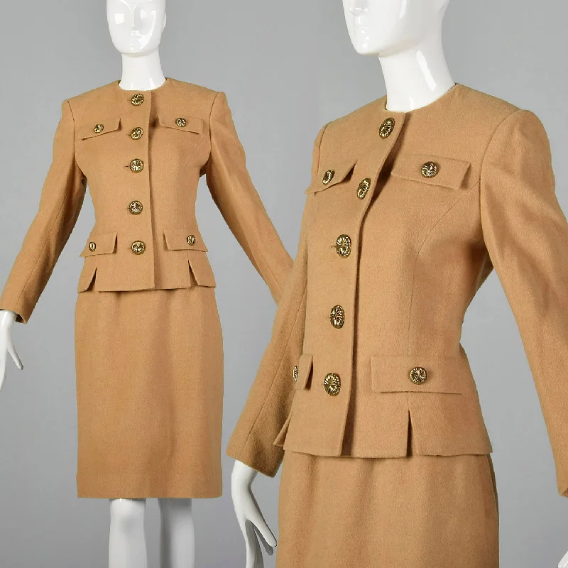 1970s Camel Color Skirt Suit in a Classic Silhouette pleated skirt texture
