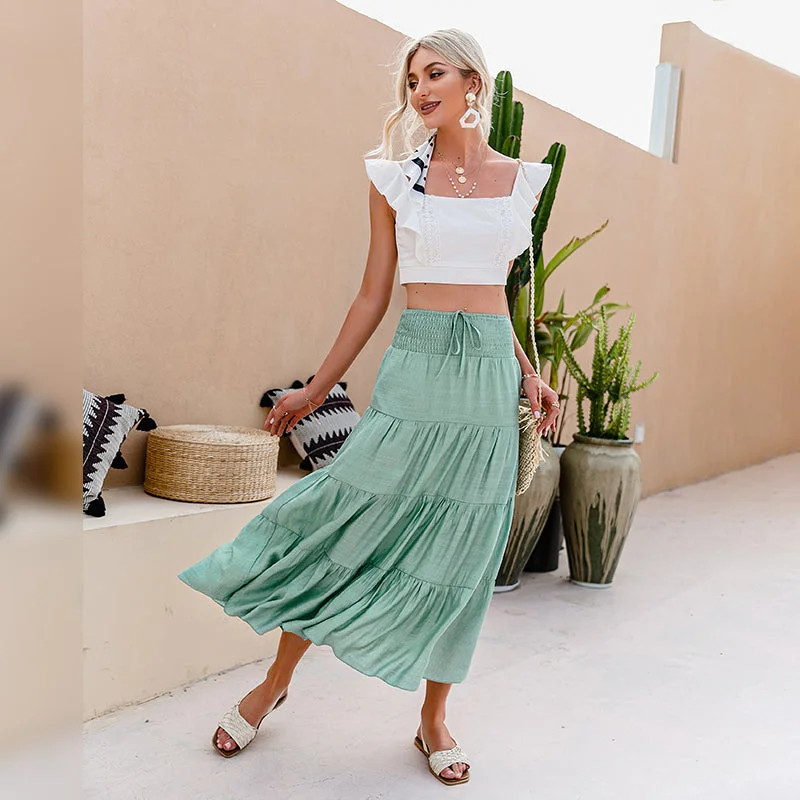 Casual solid women a-line long skirts summer Elegant elastic sash high waist skirt female Holiday beach bottoms vestidos linen skirt breathable