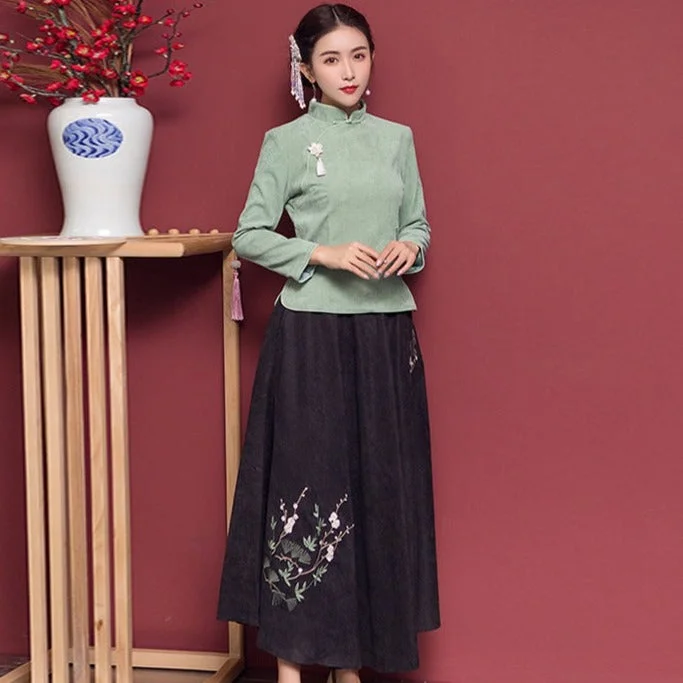 Corduroy Cheongsam Top Floral Embroidery Skirt Chinese Style Women's Suit midi skirt versatile
