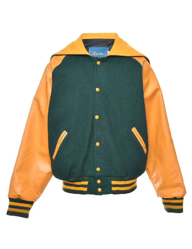 Dark Green & Yellow Sailor Collar Varsity Jacket - L