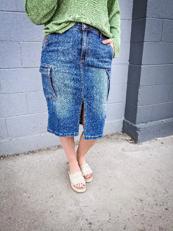 High Rise Midi Cargo Skirt-Dark denim skirt fashionable