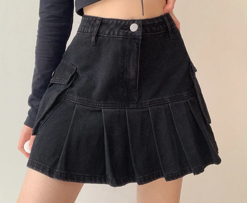 Jeans Mini Skirt Goth Denim Pleated Skirts With Big Pockets Women Girl wool skirt warm