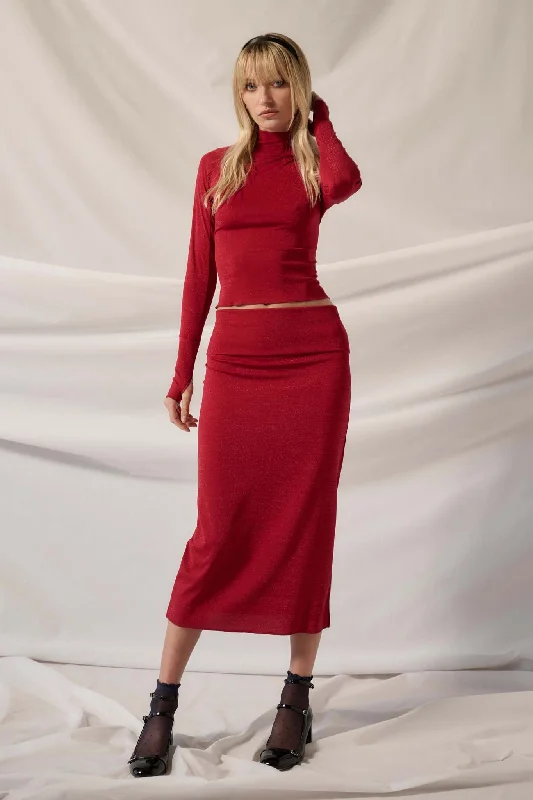 Make It Sparkle Shimmer Knit Foldover Midi Skirt denim skirt classic