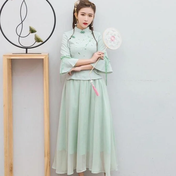 Mandarin Sleeve Floral Embroidery Cheongsam Top Chiffon Skirt Chinese Style Women's Suit leather skirt sleek