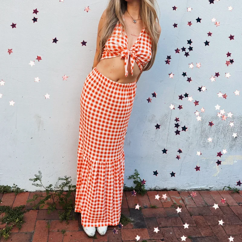Orange Gingham Maxi Skirt denim skirt classic