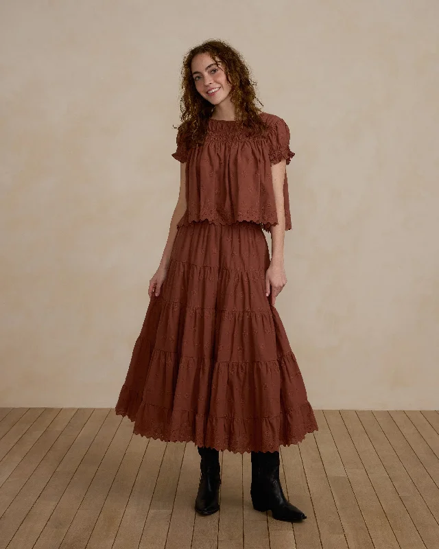 Ruffle Tiered Midi Skirt | Brick denim skirt trendy