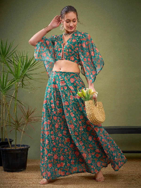 Women Teal Green Floral Anarkali Skirt With Crop Blouse velvet skirt glossy