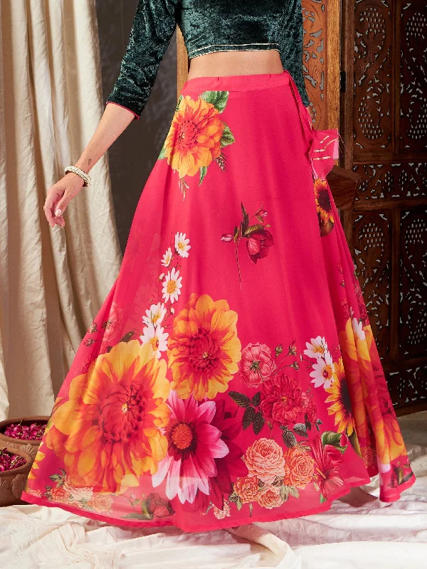Women Fuchsia Floral Bias Flared Skirt chiffon skirt floaty