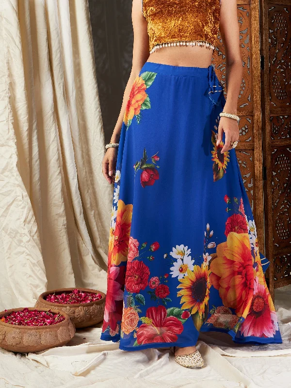 Women Blue Floral Bias Flared Skirt cashmere skirt soft