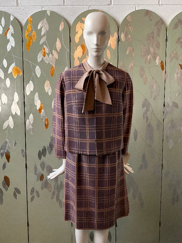 Vintage 1960s 2-PC Plum Check Dress and Jacket Set, Large