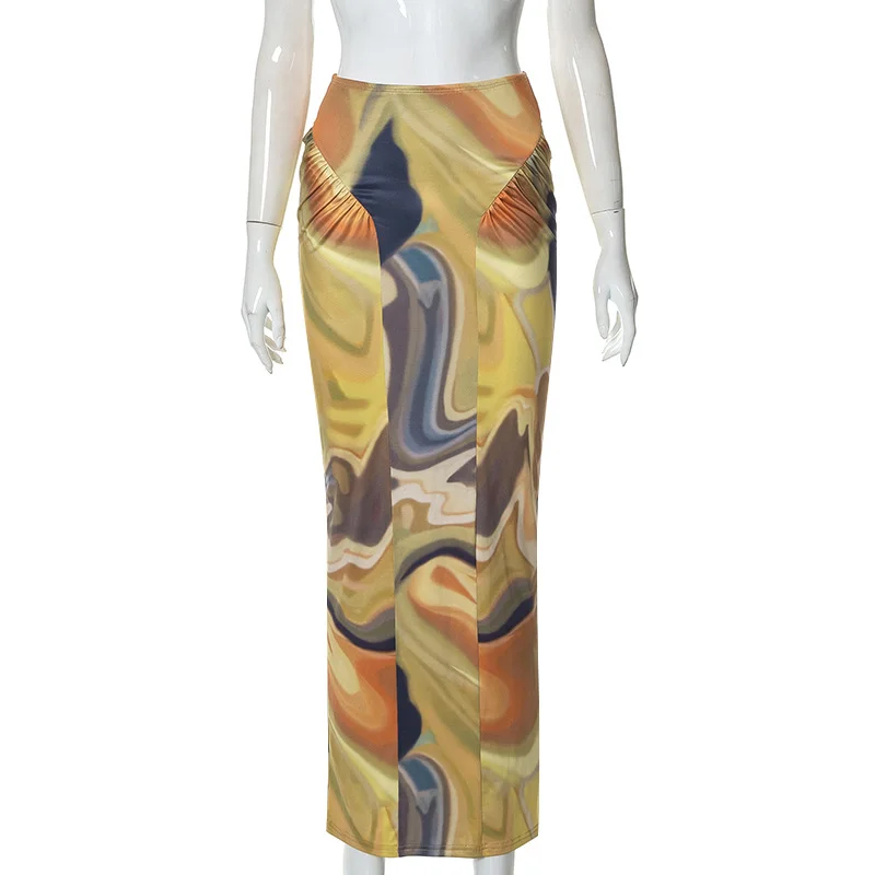 Women Fashion Casual High Waist Ruched Printed Wrap Skirt silk skirt sleek