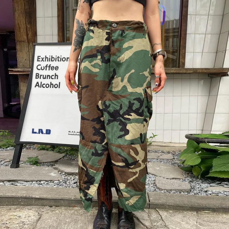 Women Fashion Personality Camouflage Wash Water Pocket Zipper Skirt linen skirt natural