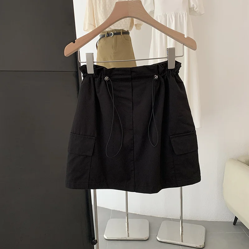 Women Fashion Summer Solid Color Pocket Drawstring High Waist A-Line Skirt silk skirt sleek