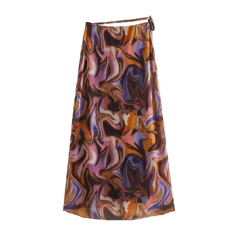 Women Personality Simple Color Matching Pattern Long Skirt lace skirt feminine