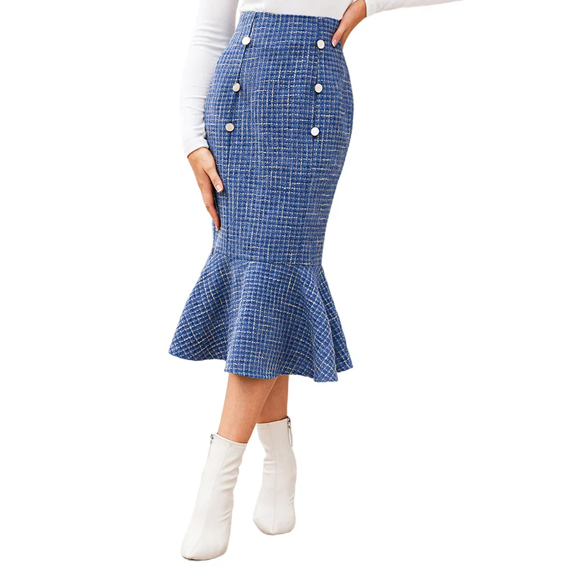 Women Vintage Sexy Elegant Ruffled Fishtail Design Midi Skirt corduroy skirt cozy