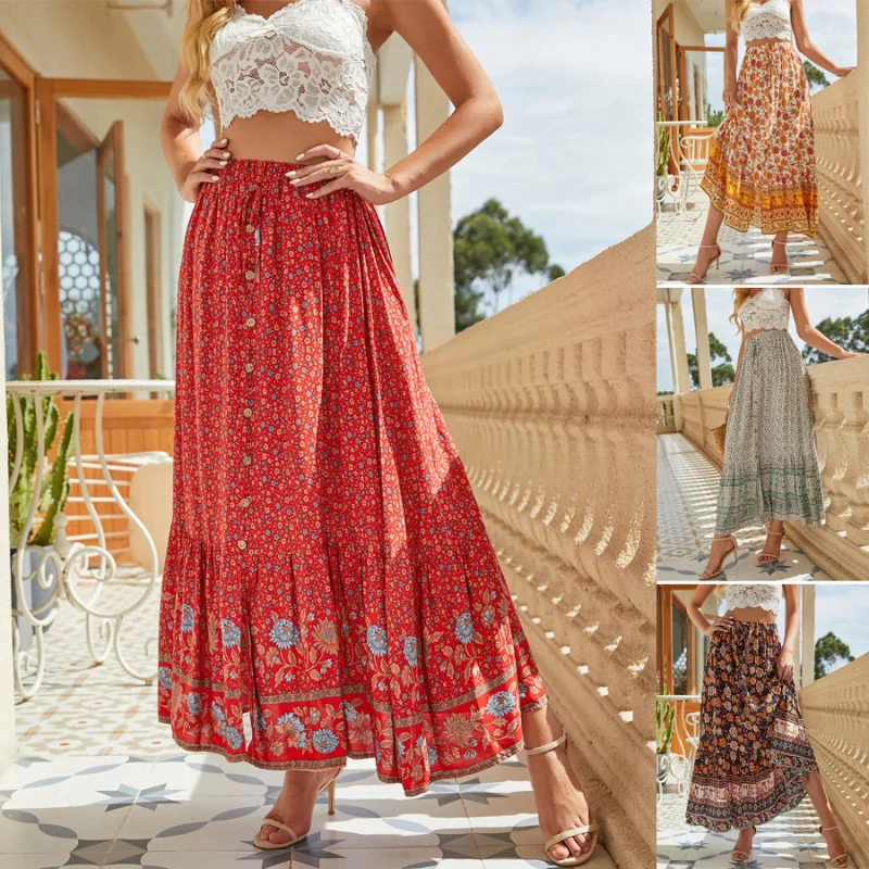 Women'S Casual Bohemian Pattern Single-Breasted Drawstring Waist Side Slit Pastoral Retro Holiday Big Swing Skirt wool skirt sturdy