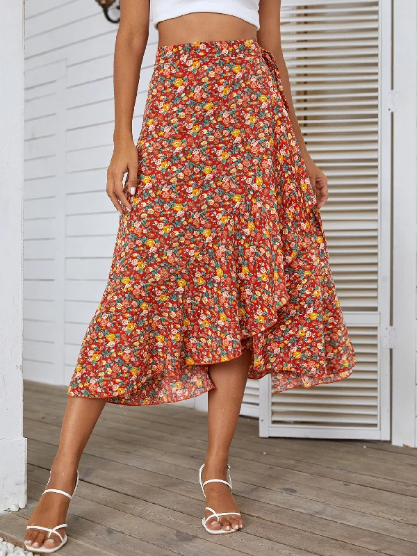 Women'S Casual Bohemian Small Tiny Flower Printing Beach Vacation Drawstring Waist Irregular Wrap Skirt cashmere skirt rich