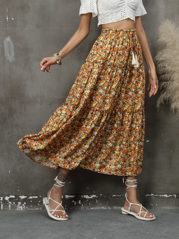 Women'S Casual Drawstring Waist Tiny Flower Bohemian Beach Holiday Style Skirt linen skirt light